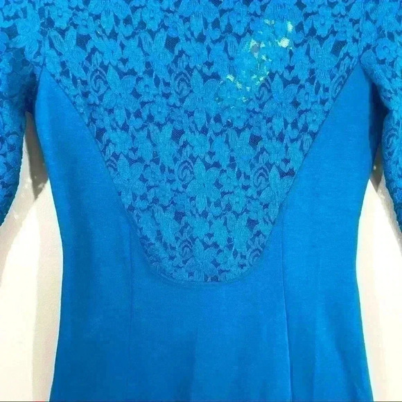 NWT Davi Dani 80’s Turquoise  Lace Long Sleeve Scoop Neck Mini Bodycon Dress (S) - Picture 10 of 12